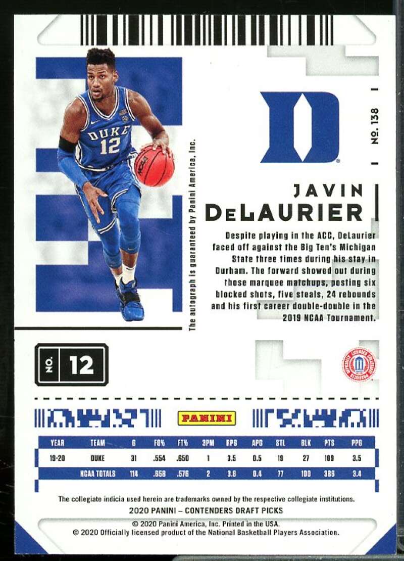 Javin DeLaurier AU Rookie Card 2020-21 Panini Contenders Draft Picks #138  Image 2