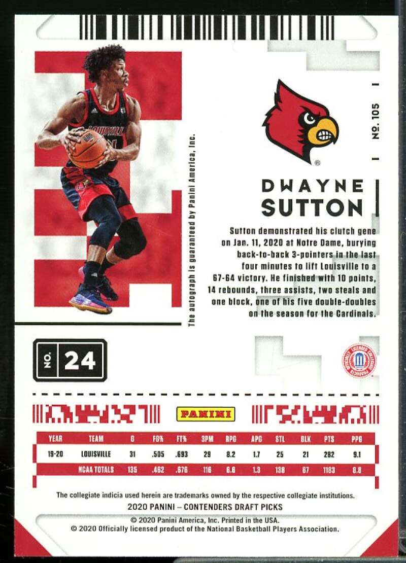 Dwayne Sutton AU Rookie Card 2020-21 Panini Contenders Draft Picks #105  Image 2