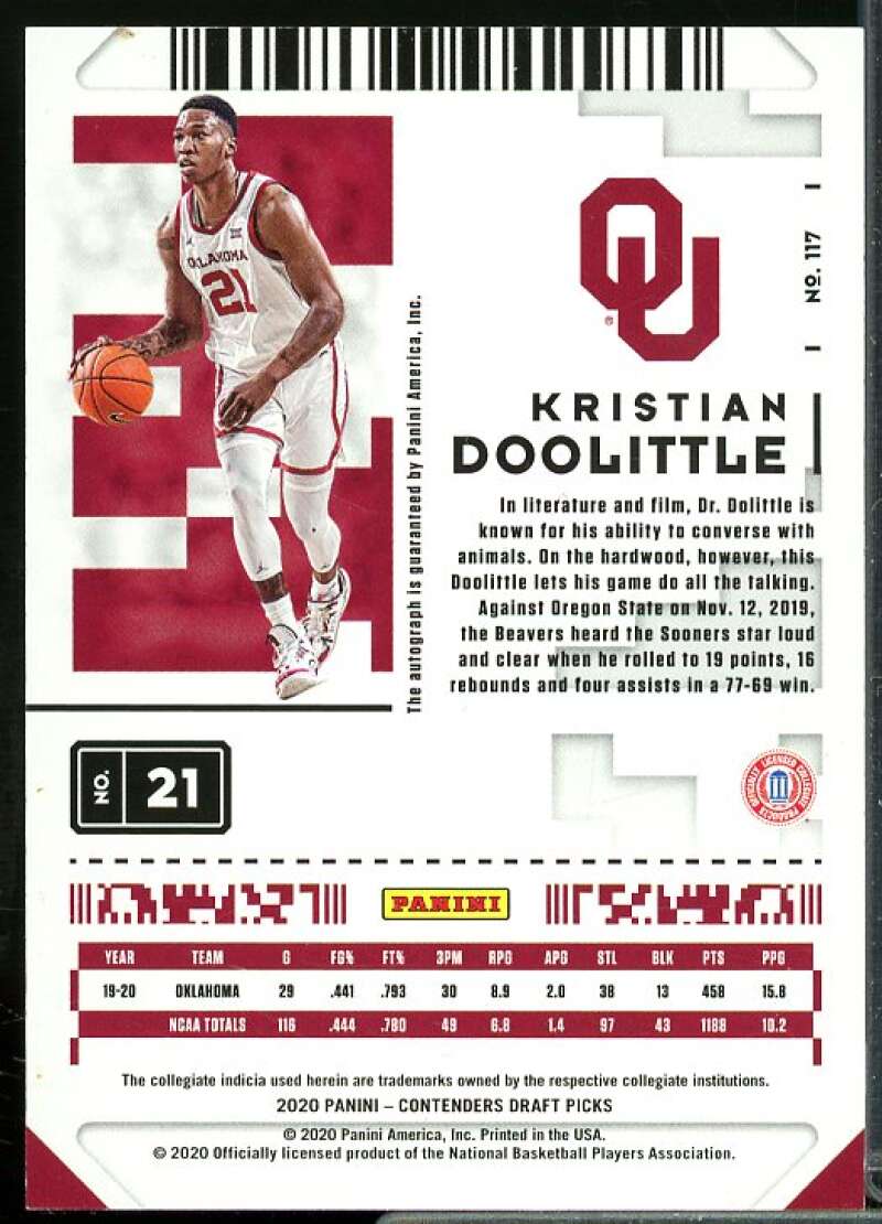 Kristian Doolittle AU 2020-21 Panini Contender Draft Picks Game Ticket Red #117  Image 2