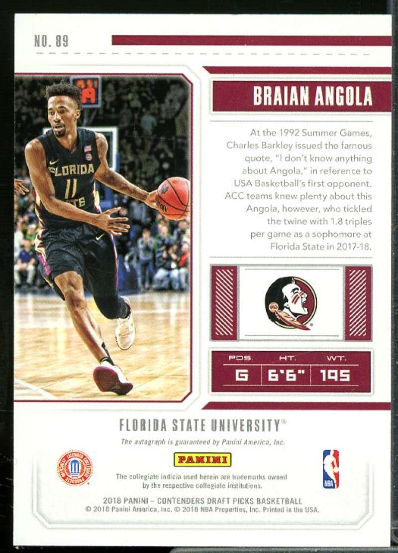 Braian Angola AU Rookie Card 2018-19 Panini Contenders Draft Picks #89  Image 2