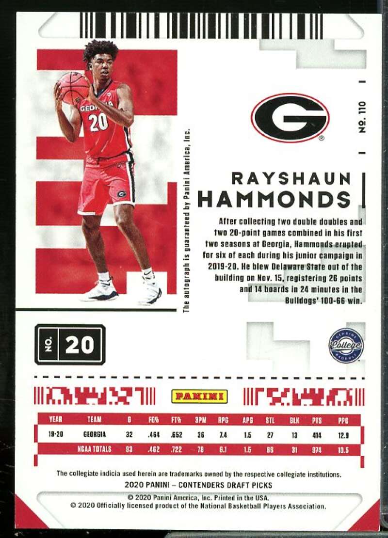 Rayshaun Hammonds AU Rookie Card 2020-21 Panini Contenders Draft Picks #110  Image 2