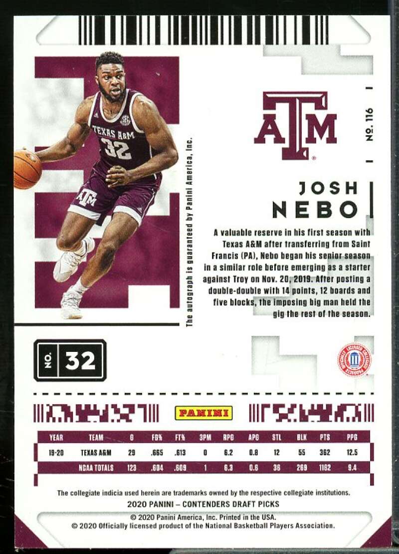 Josh Nebo AU Rookie Card 2020-21 Panini Contenders Draft Picks #116  Image 2