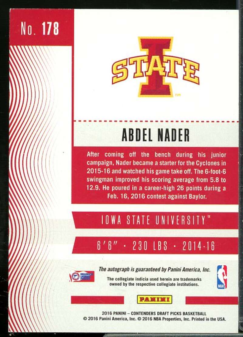 Abdel Nader AU Rookie 2016-17 Panini Contenders Draft Pick Draft Blue Foil #178  Image 2