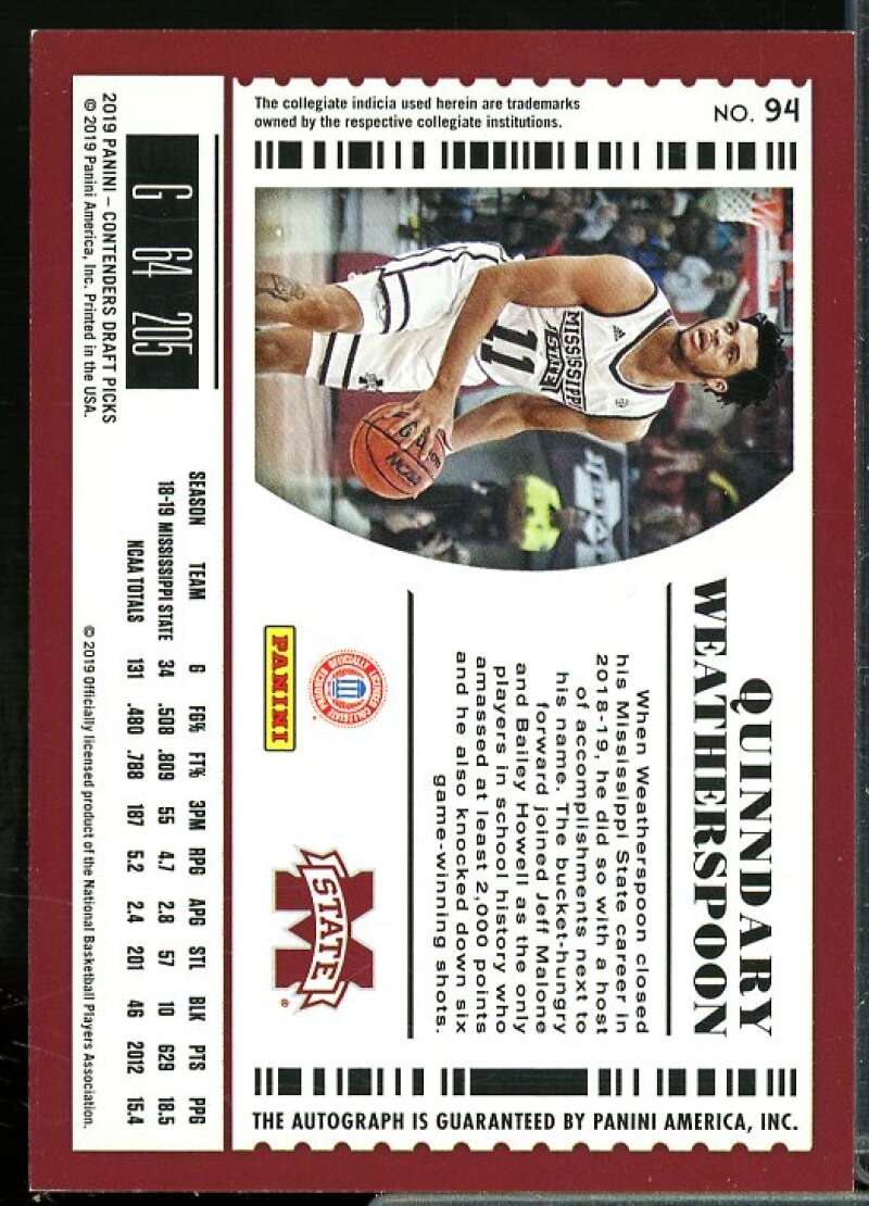 Quinndary Weatherspoon AU Rookie Card 2019-20 Panini Contenders Draft Picks #94  Image 2