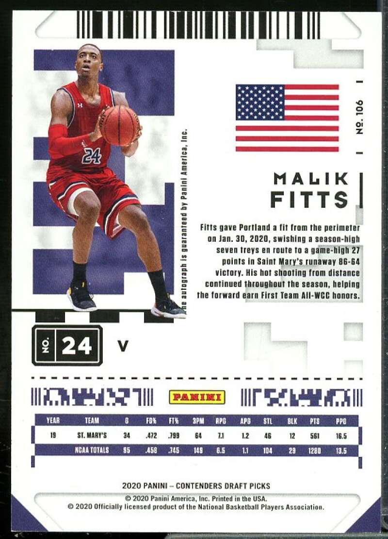 Malik Fitts AU Rookie 2020-21 Panini Contenders Draft Pick Game Ticket Red #106  Image 2