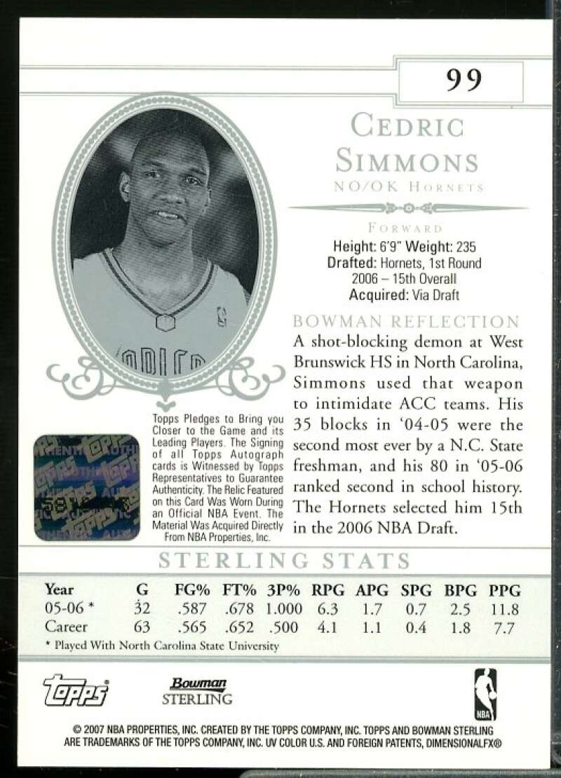 Cedric Simmons JSY AU Rookie Card 2006-07 Bowman Sterling #99  Image 2