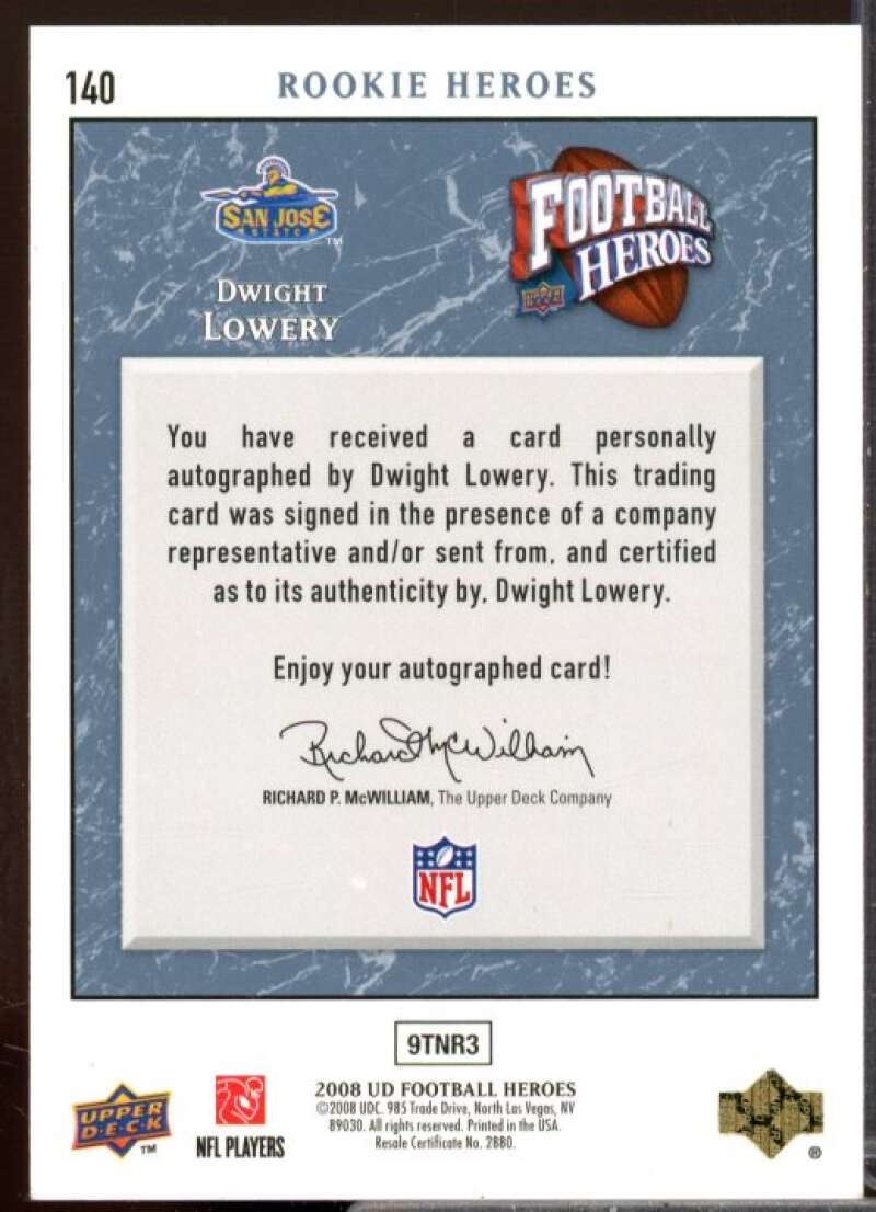 Dwight Lowery/250 Rookie Card 2008 Upper Deck Heroes Autographs Blue #140  Image 2