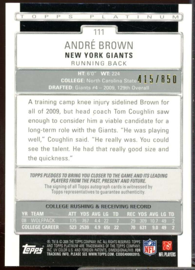 Andre Brown/850 Rookie Card 2009 Topps Platinum Rookie Autographs #111  Image 2