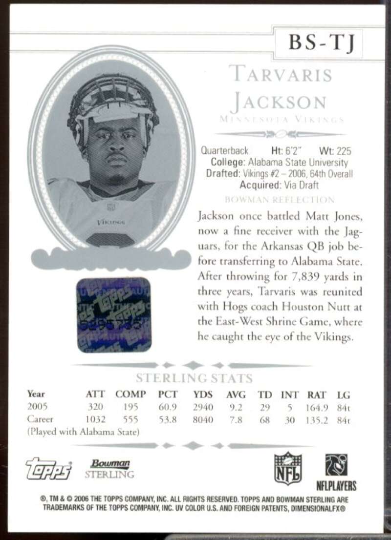 Tarvaris Jackson JSY AU Rookie Card 2006 Bowman Sterling #TJ2  Image 2