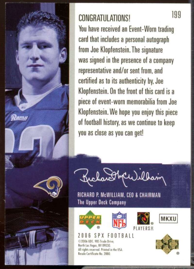 Joe Klopfenstein JSY AU Rookie Card 2006 SPx #199  Image 2