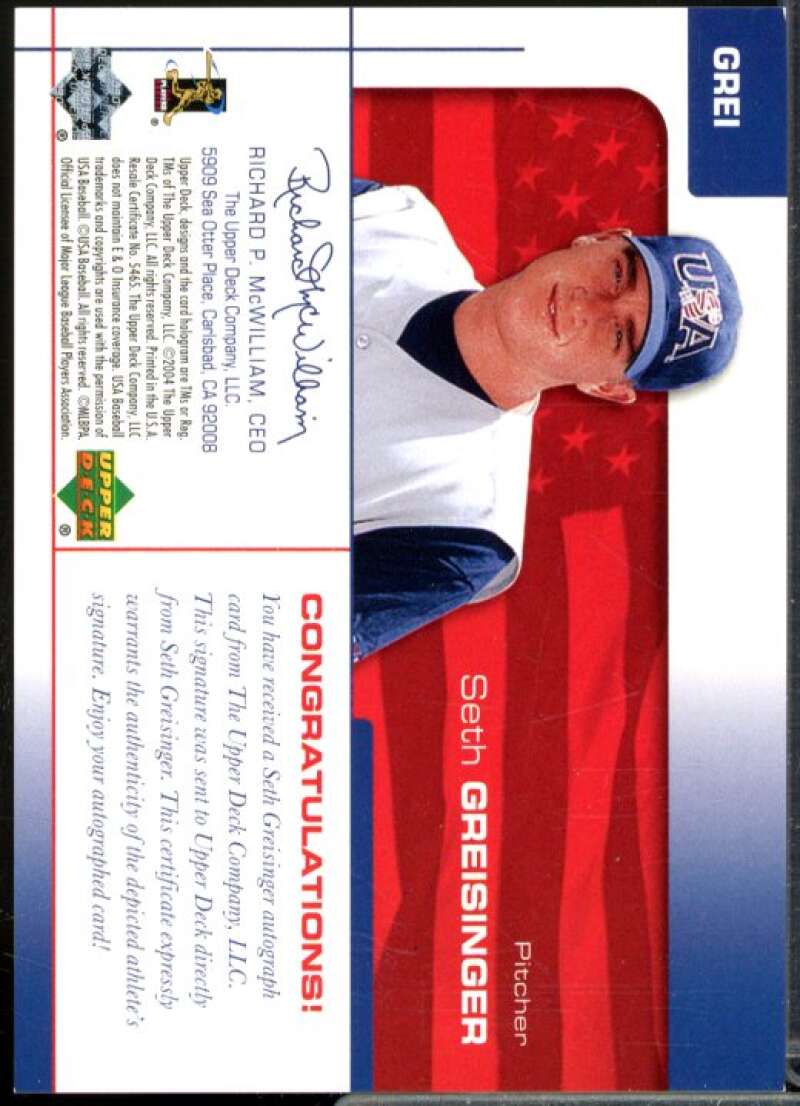 Seth Greisinger/120 2004 USA Baseball 25th Anniversary Signature Blue Ink #GREI  Image 2