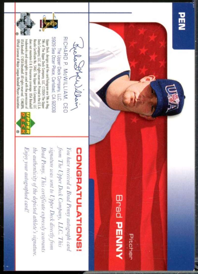 Brad Penny/360 2004 USA Baseball 25th Anniversary Signatures Black Ink #PEN  Image 2