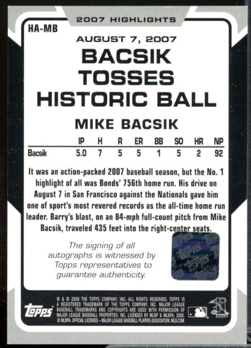 Mike Bacsik F Rookie Card 2008 Topps Highlights Autographs #MB  Image 2