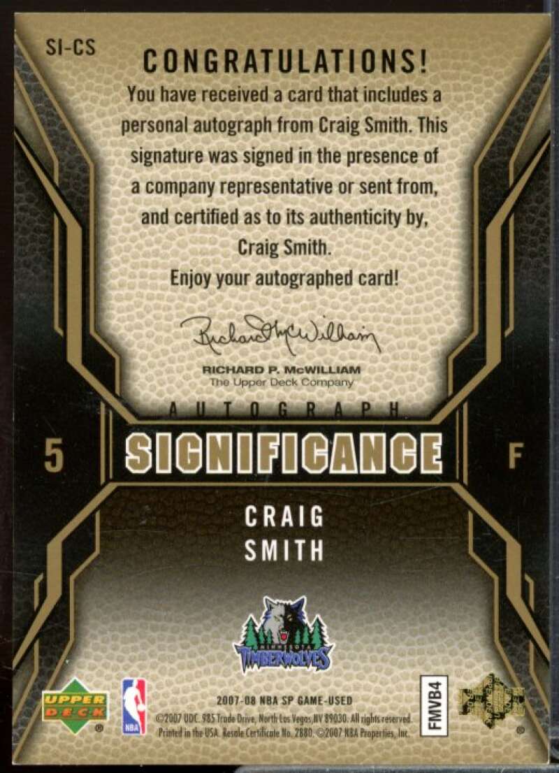 Craig Smith Rookie Card 2007-08 SP Game Used SIGnificance #SICS  Image 2