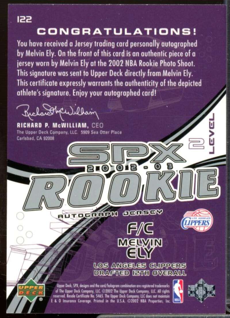 Melvin Ely JSY AU Rookie Card 2002-03 SPx #122  Image 2