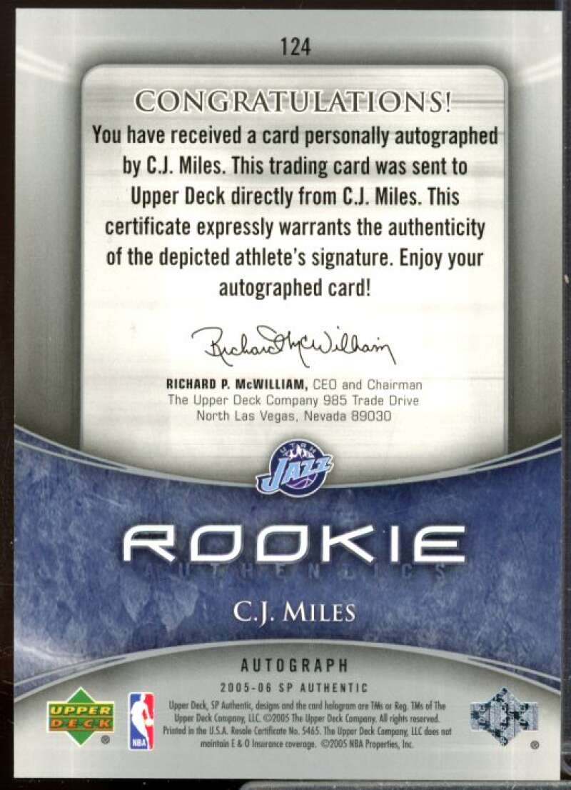 C.J. Miles AU Rookie Card 2005-06 SP Authentic #124  Image 2