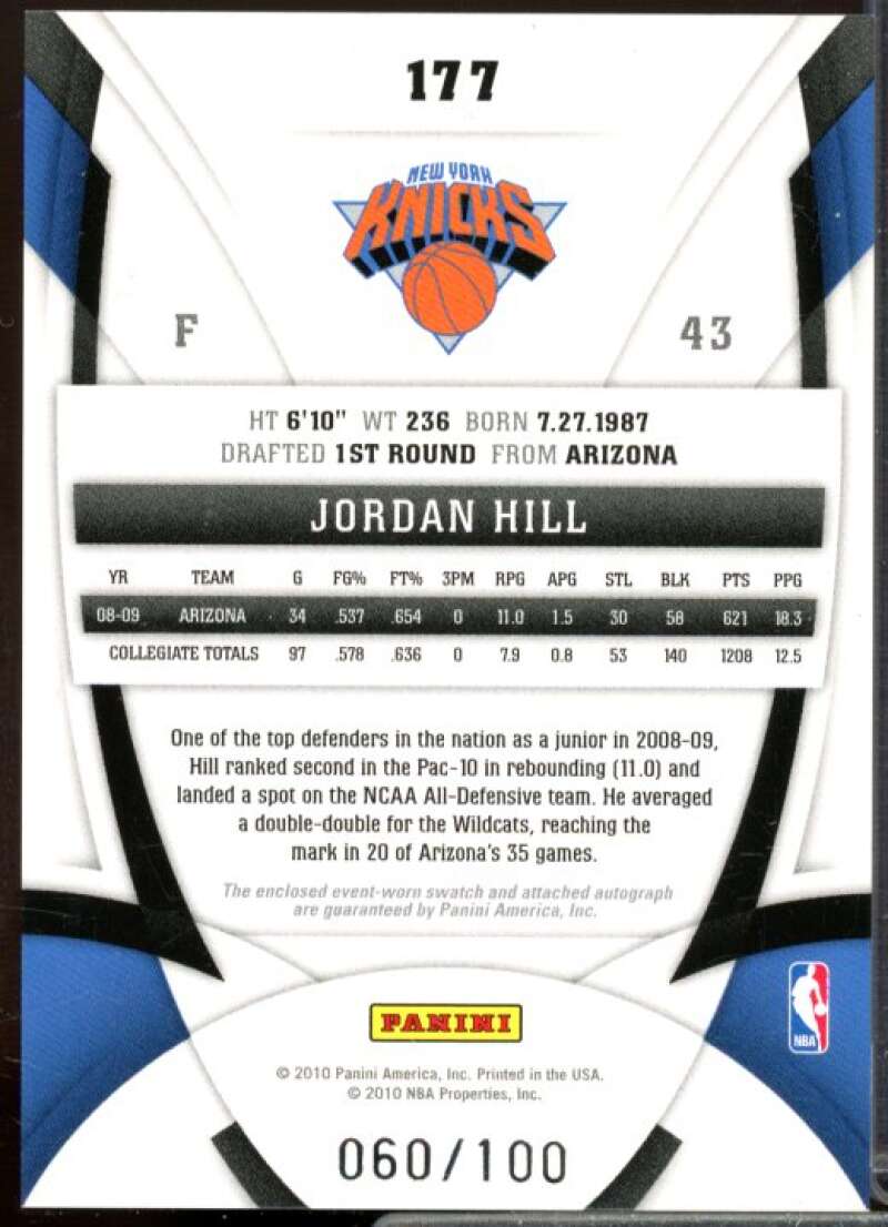 Jordan Hill JSY AU Rookie Card 2009-10 Certified Mirror Red #177  Image 2