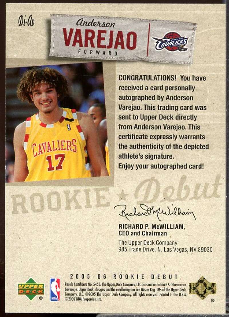 Anderson Varejao Rookie Card 2005-06 Upper Deck Rookie Debut Ink #AV  Image 2