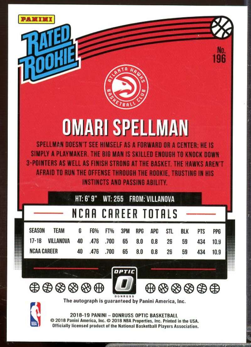 Omari Spellman Rookie Card 2018-19 Donruss Optic Rated Rookies Signatures #196  Image 2