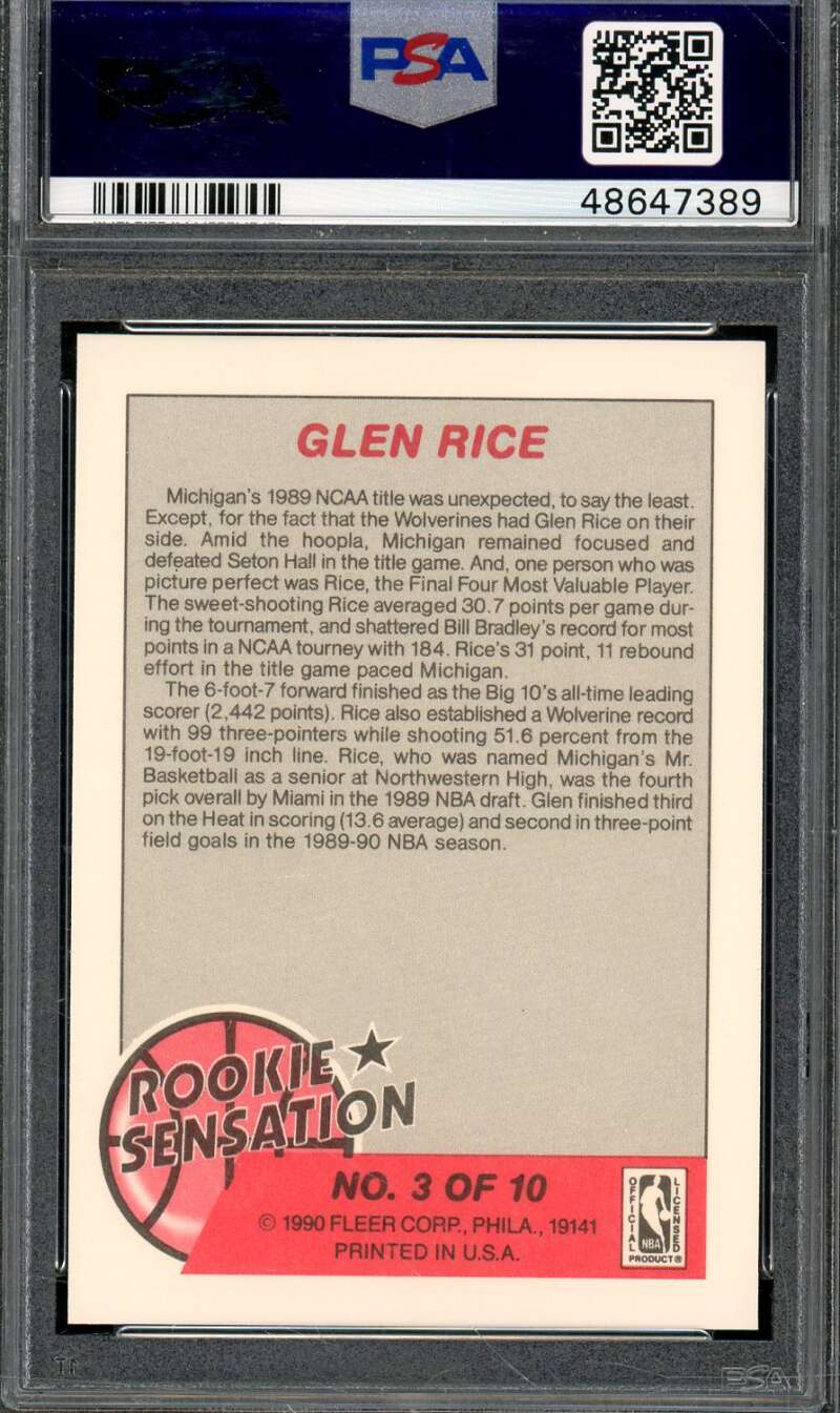 Glen Rice Rookie Card 1990-91 Fleer Rookie Sensations #3 PSA 9 Image 2