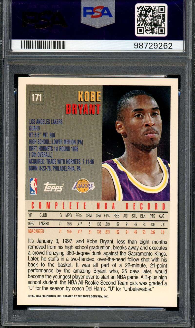 Kobe Bryant Card 1997-98 Topps #171 PSA 7 Image 2