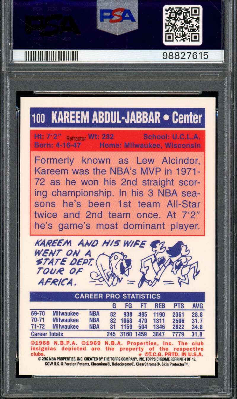 Kareem Abdul-Jabbar Card 2001-02 Topps Chrome 1972 Refractor (pop 7) #4 PSA 9 Image 2