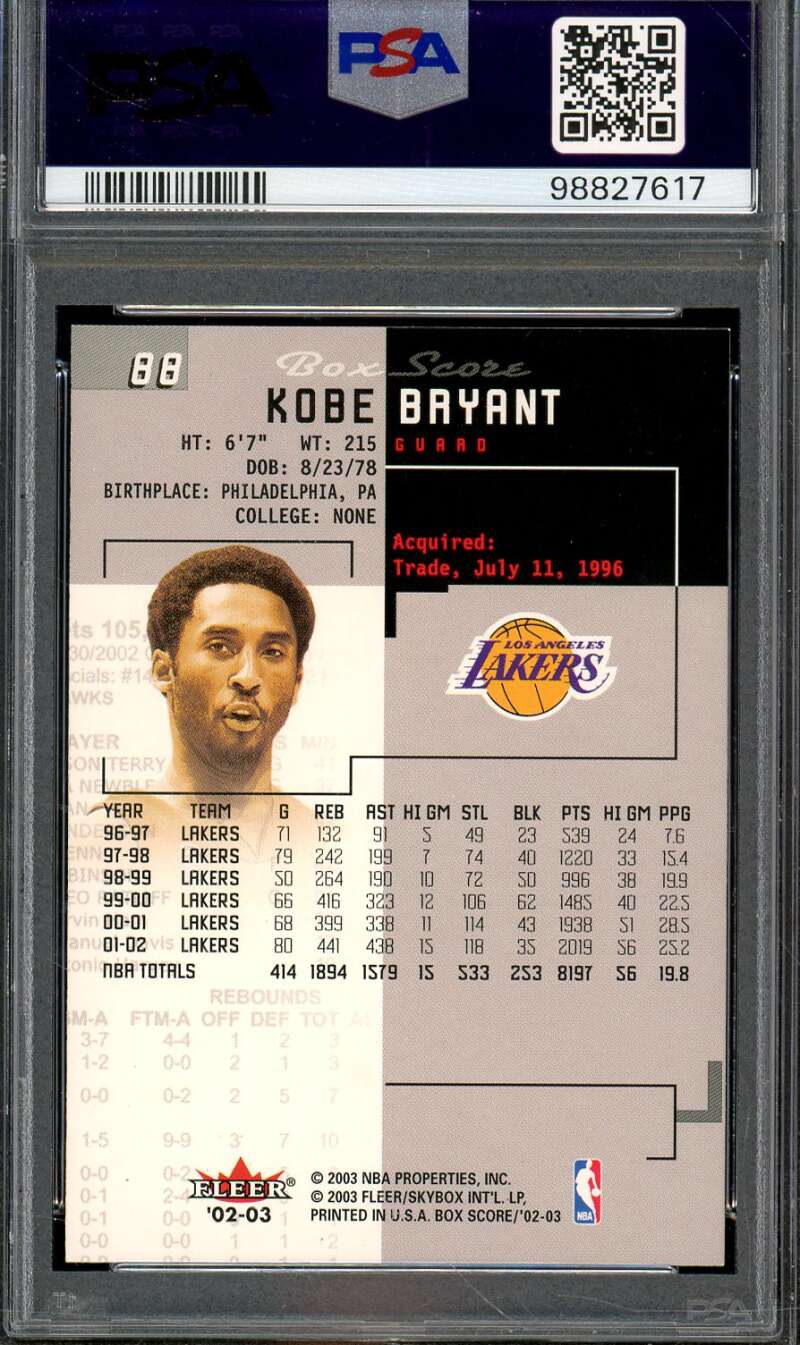 Kobe Bryant Card 2002-03 Fleer Box Score #88 PSA 9 Image 2