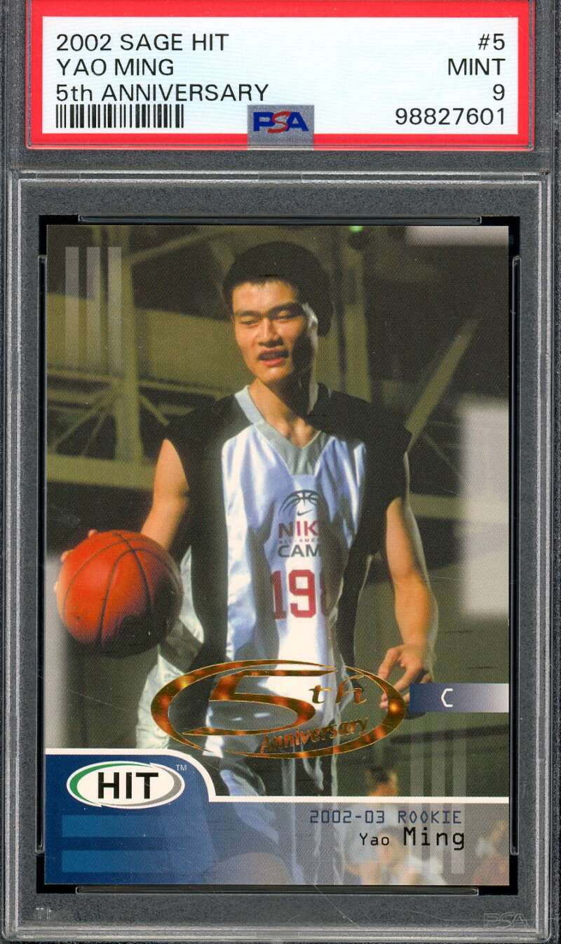 Yao Ming Rookie Card 2002 SAGE HIT 5th Anniversary (pop 1) #5 PSA 9 Image 1