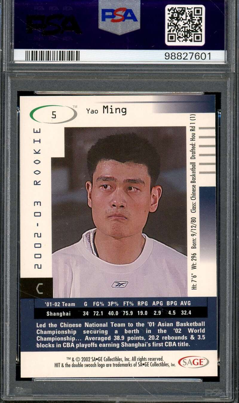 Yao Ming Rookie Card 2002 SAGE HIT 5th Anniversary (pop 1) #5 PSA 9 Image 2