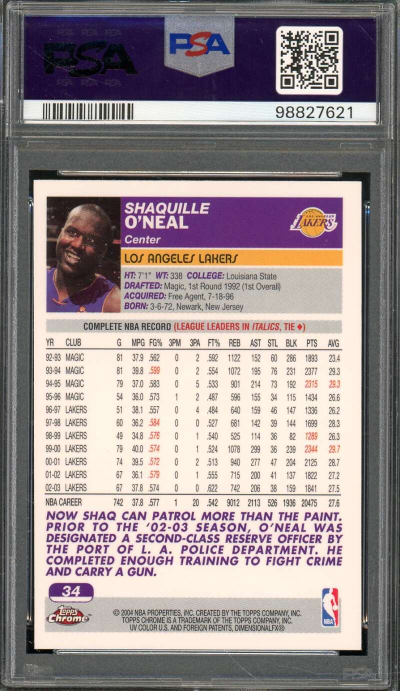 Shaquille O'Neal Card 2003-04 Topps Chrome #34 PSA 10 Image 2