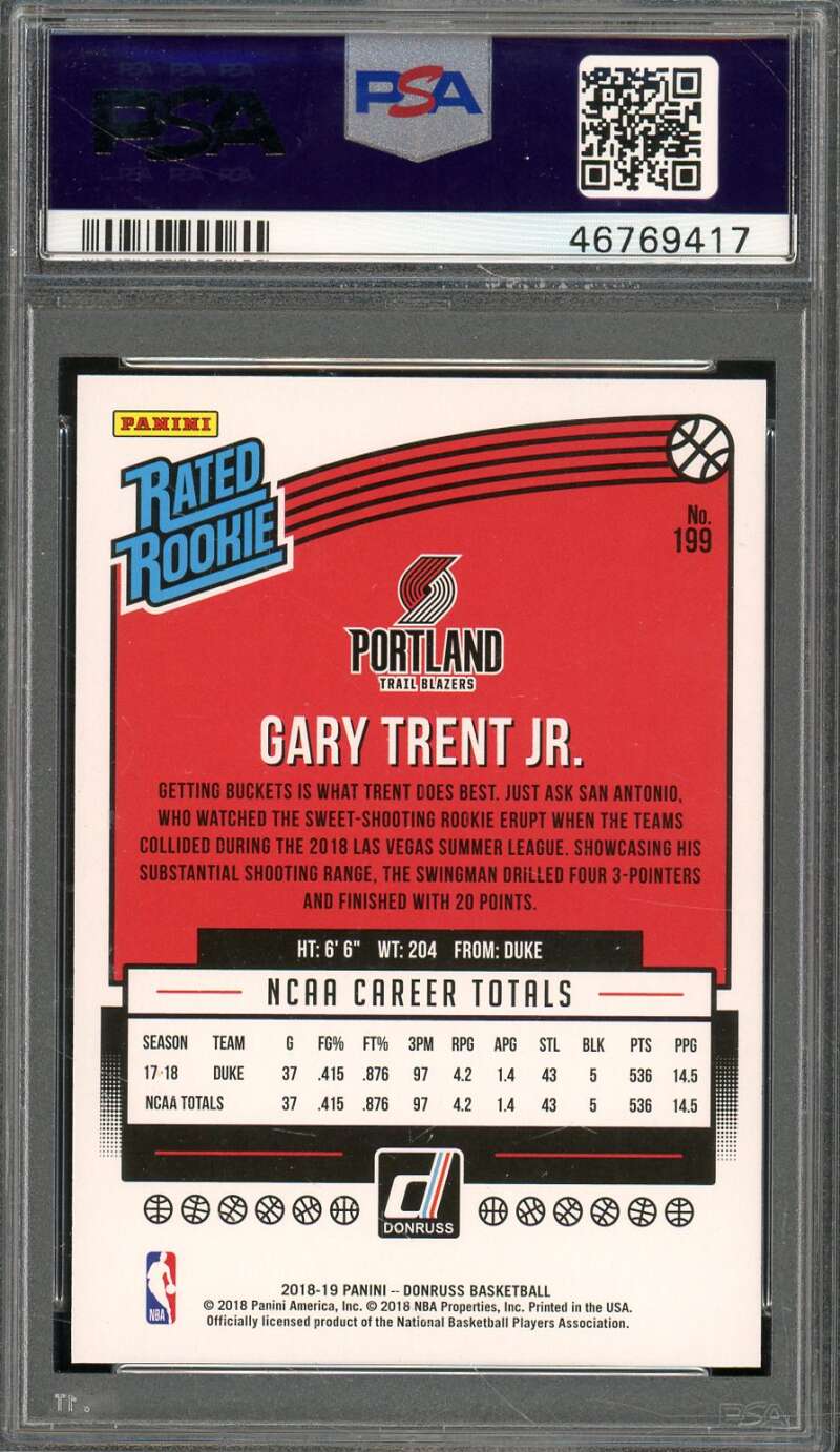 Gary Trent Jr. Rookie 2018-19 Panini Donruss Press Proof Blue Laser #199 PSA 10 Image 2