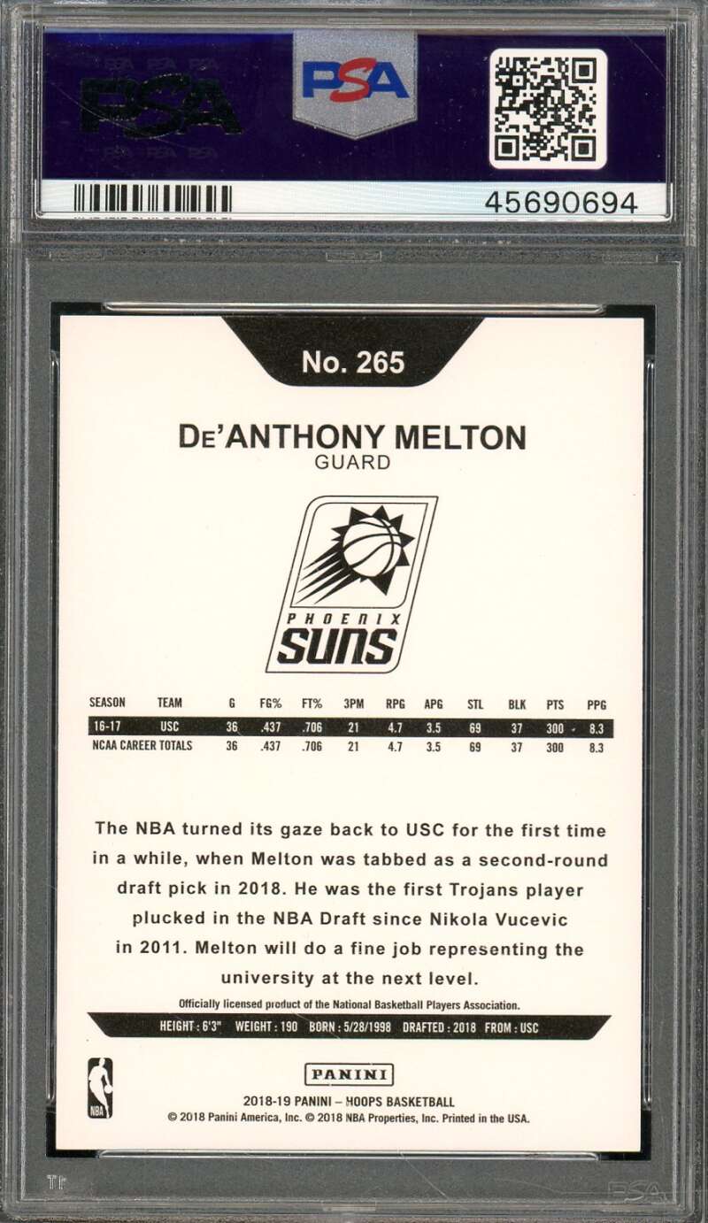 De'Anthony Melton Rookie 2018-19 Panini Hoops Premium Box Set (pop 1) #265 PSA 9 Image 2