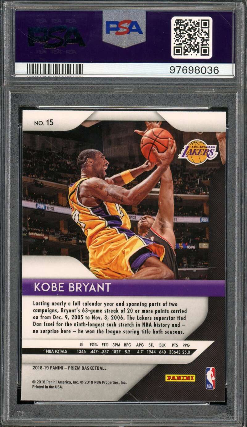 Kobe Bryant Card 2018-19 Panini Prizm #15 PSA 10 Image 2