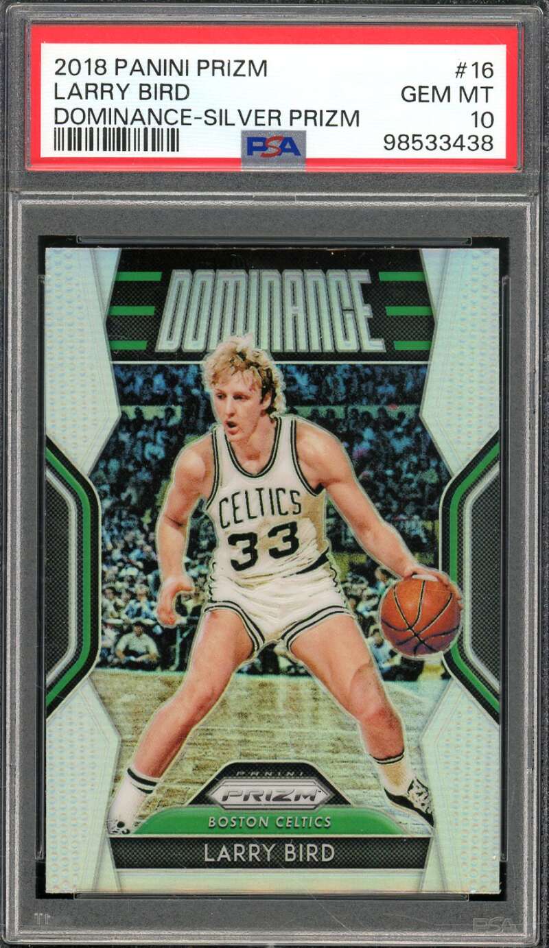 Larry Bird Card 2018-19 Panini Prizm Dominance Silver Prizm #16 PSA 10 Image 1