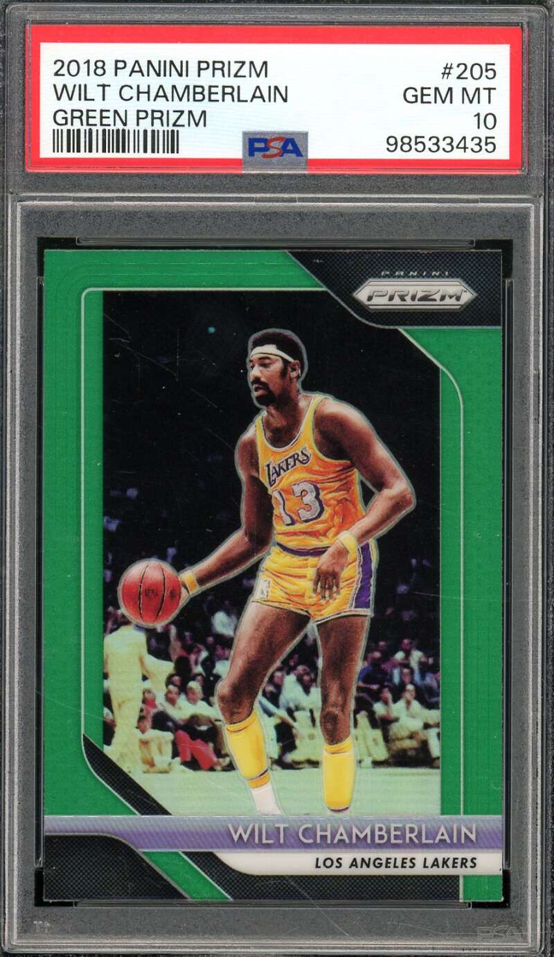 Wilt Chamberlain Card 2018-19 Panini Prizm Green Prizm #205 PSA 10 Image 1