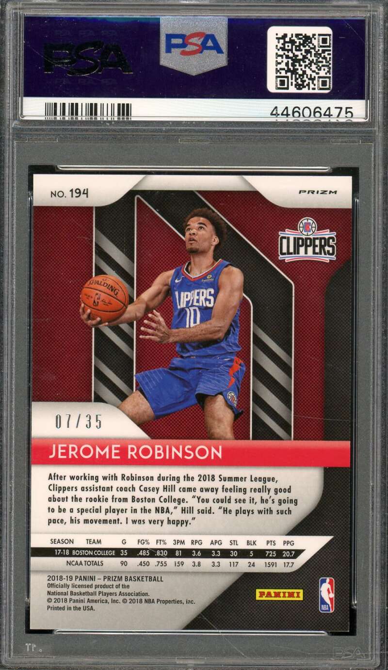 Jerome Robinson Rookie 2018-19 Panini Prizm Purple Prizm #194 (7/35)) PSA 10 Image 2