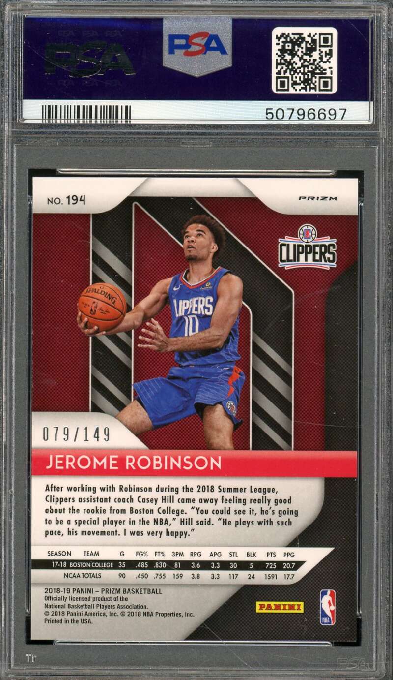 Jerome Robinson Rookie Card 2018-19 Panini Prizm Purple Ice (pop 8) #194 PSA 10 Image 2