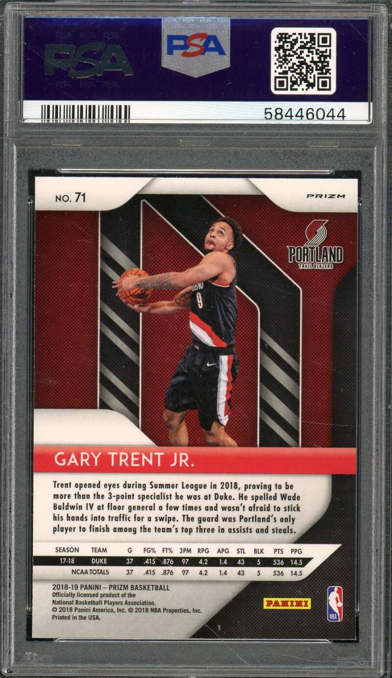 Gary Trent Jr. Rookie Card 2018-19 Panini Prizm Silver Prizm #71 PSA 10 Image 2