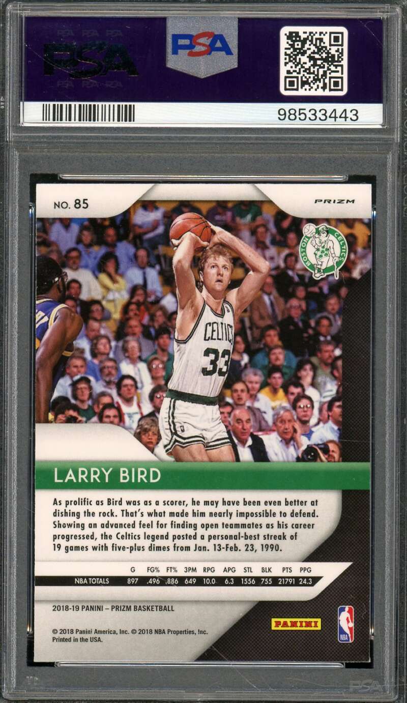 Larry Bird Card 2018-19 Panini Prizm Silver Prizm #85 PSA 10 Image 2