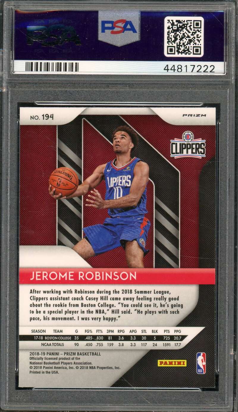 Jerome Robinson Rookie Card 2018-19 Panini Prizm Silver Prizm #194 PSA 9 Image 2