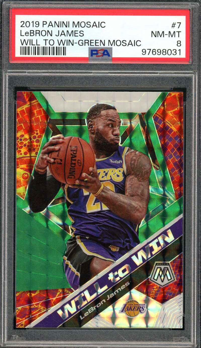 LeBron James Card 2019-20 Panini Mosaic Will To Win Green Mosaic #7 PSA 8 Image 1