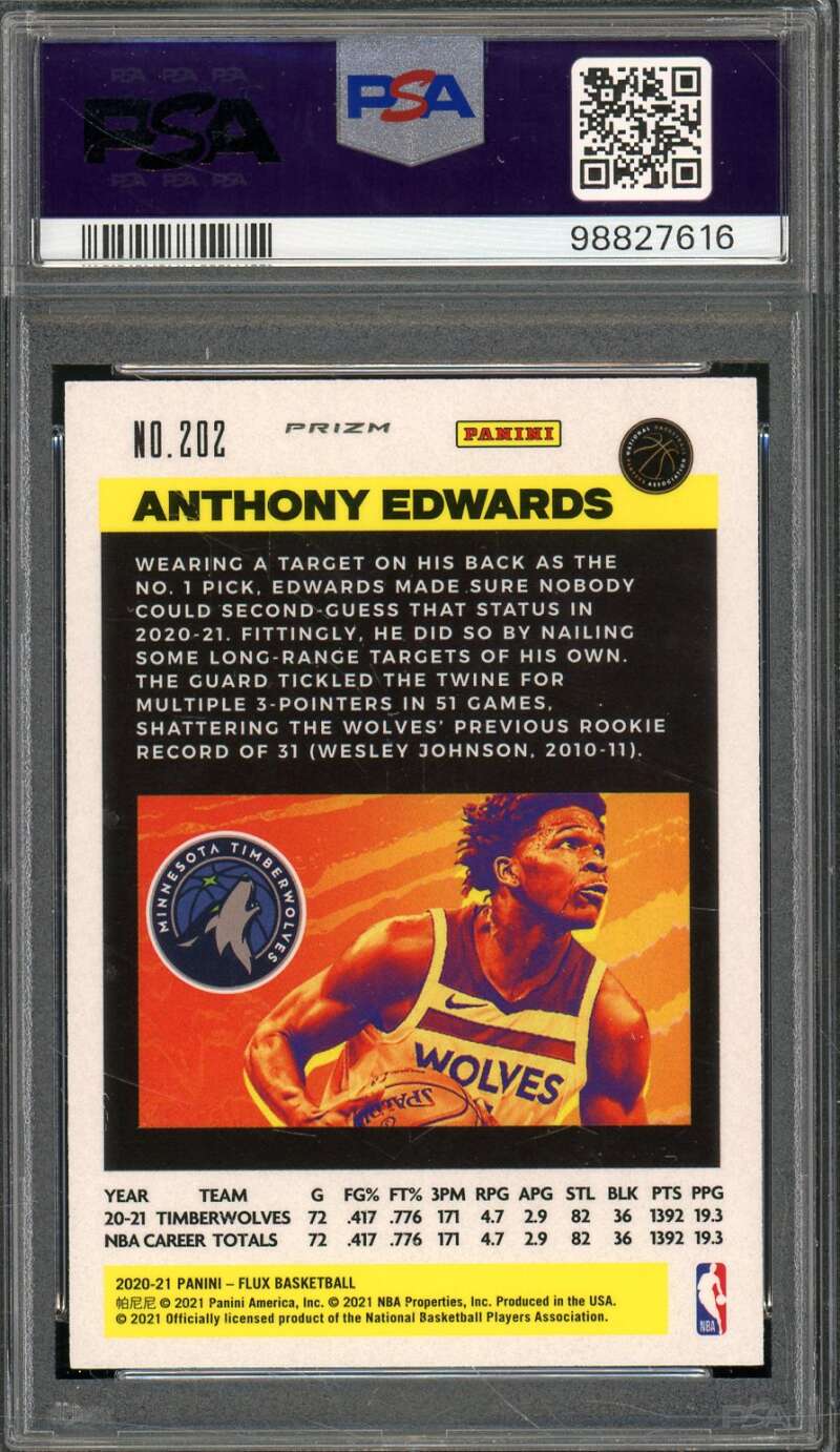 Anthony Edwards Rookie Card 2020-21 Panini Flux Pulsar #202 PSA 10 Image 2