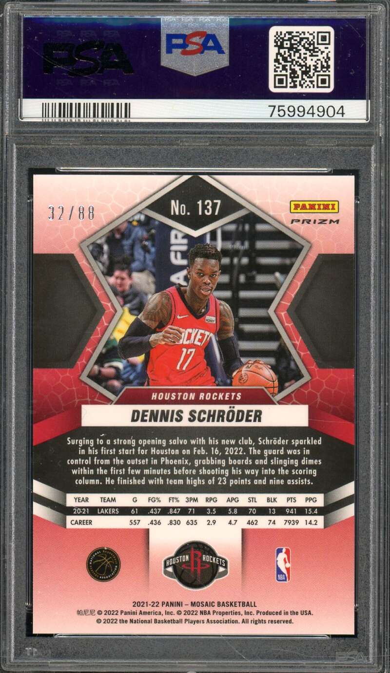 Dennis Schroder Card 2021-22 Mosaic Fusion Red/Yellow Choice (pop 1) #137 PSA 10 Image 2