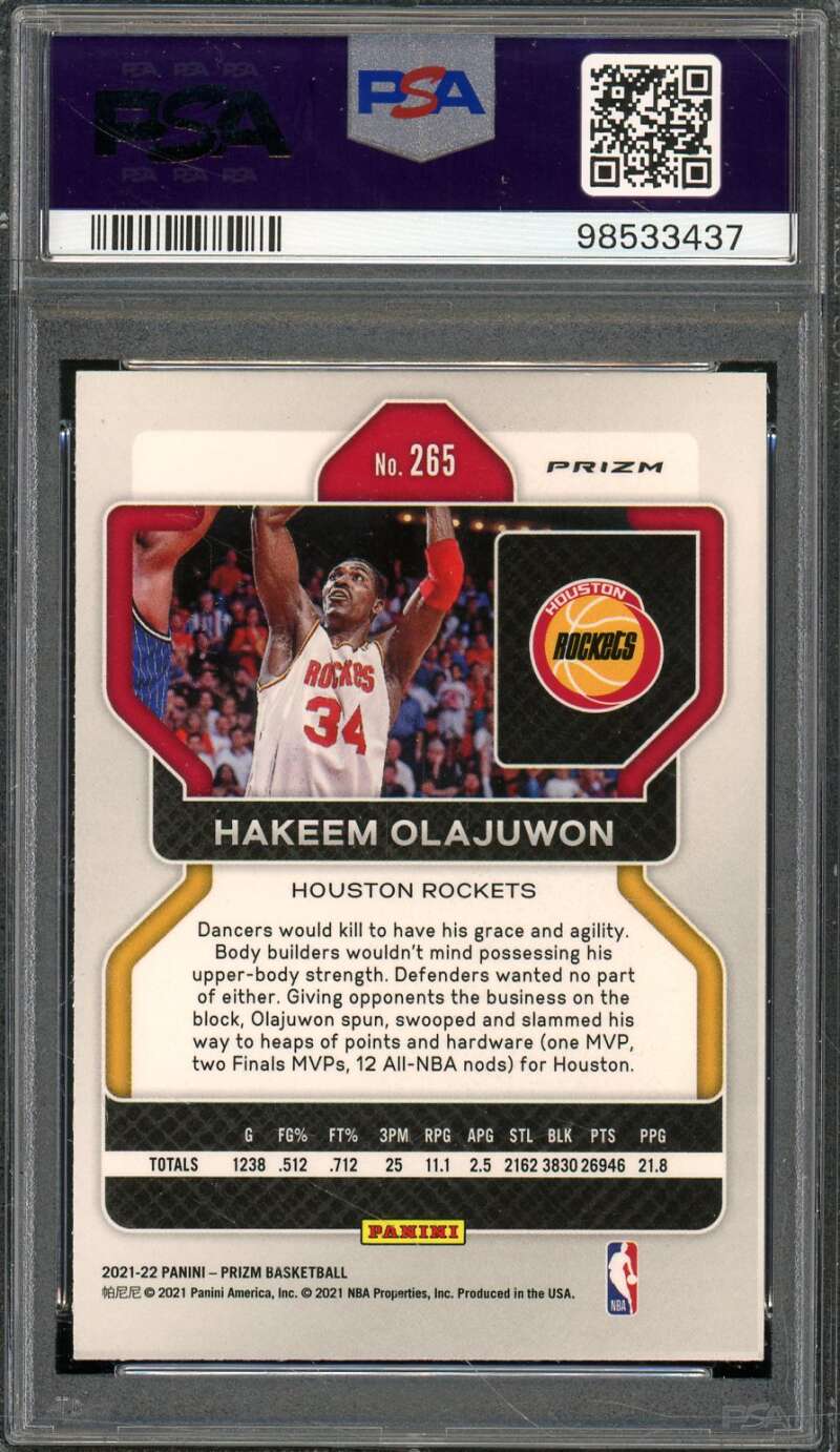 Hakeem Olajuwon Card 2021-22 Prizm NBA 75th Prizm #265 PSA 10 Image 2