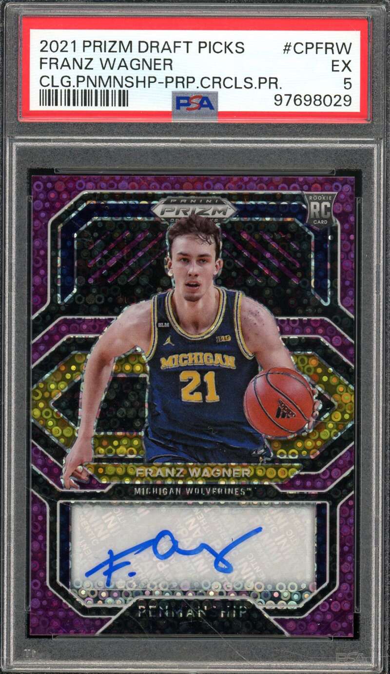 Franz Wagner Rookie 2021-22 Prizm DP Purple Cir Penmanship Prizm #Cpfrw PSA 5 Image 1