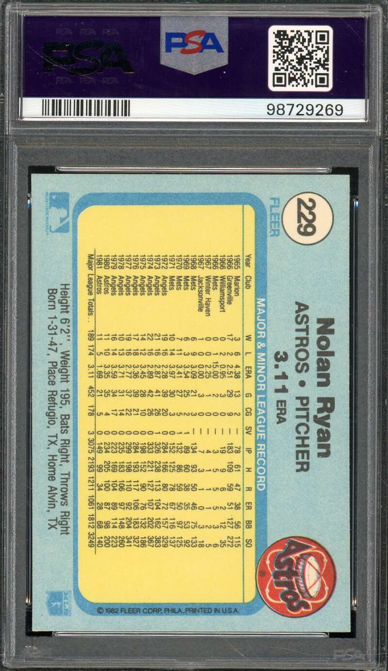 Nolan Ryan Card 1982 Fleer #229 PSA 9 Image 2