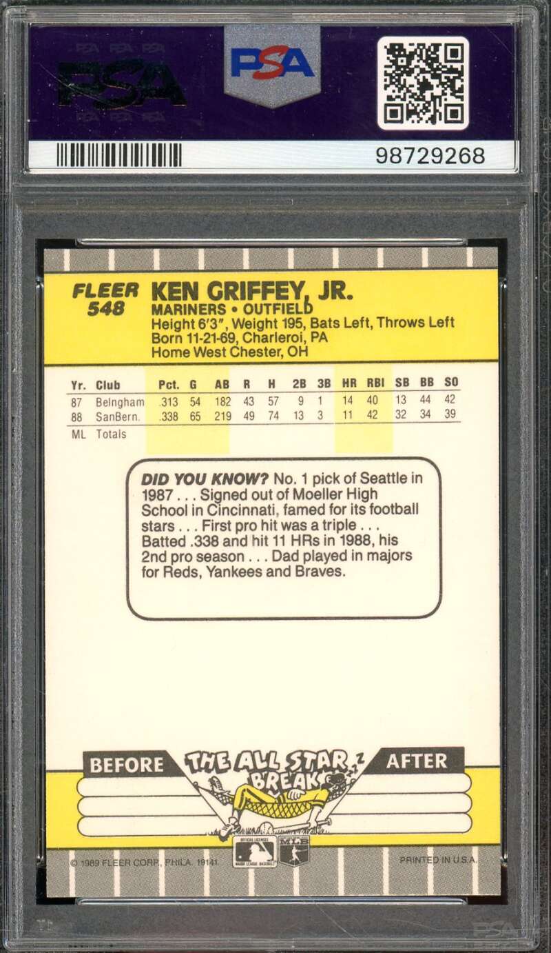 Ken Griffey Jr. Rookie Card 1989 Fleer #548 PSA 9 Image 2