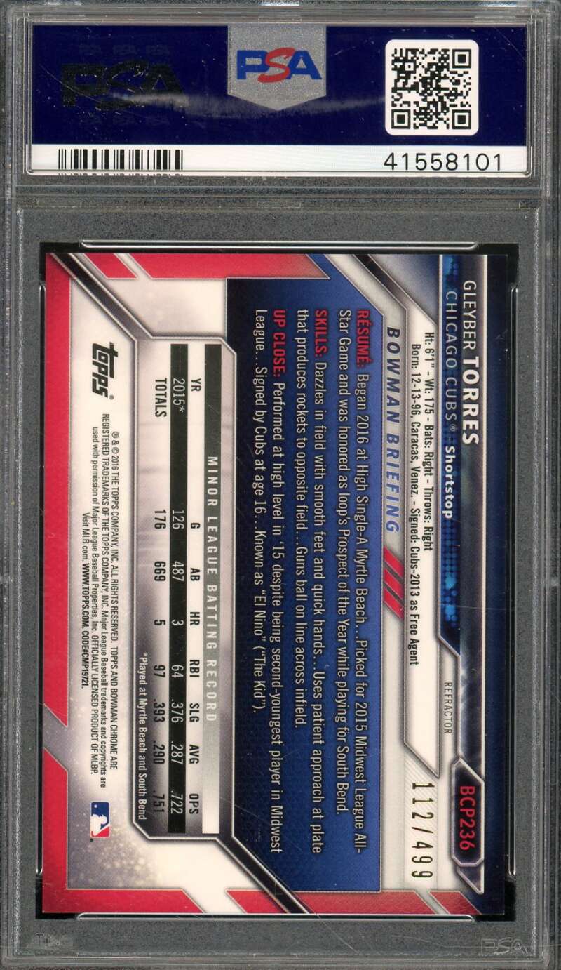 Gleyber Torres Rookie Card 2016 Bowman Chrome Prospect Refractor #BCP236 PSA 9 Image 2