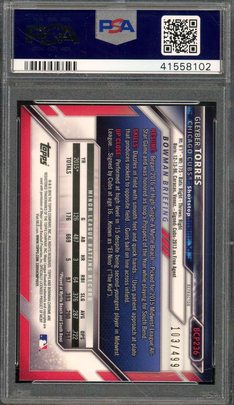Gleyber Torres Rookie Card 2016 Bowman Chrome Prospect Refractor #BCP236 PSA 10 Image 2
