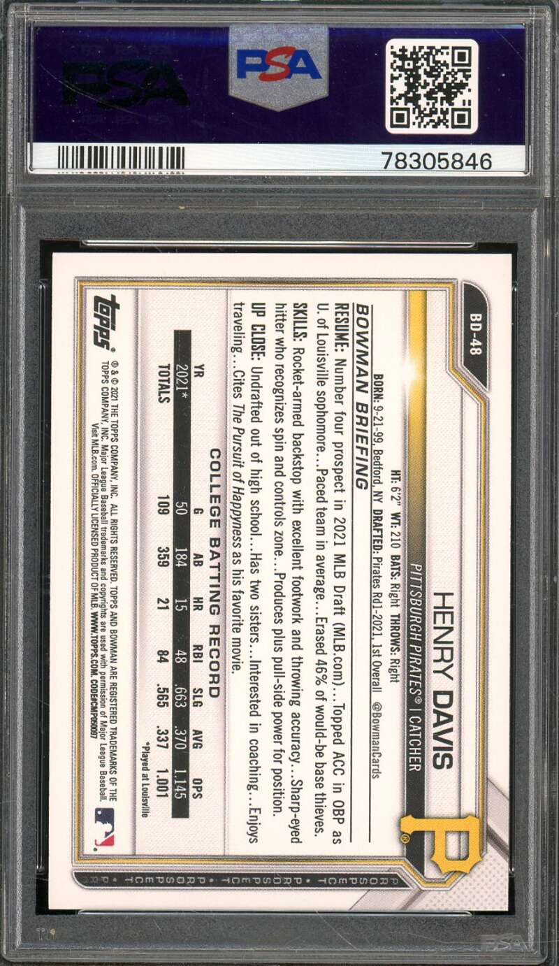 Henry Davis Rookie Card 2021 Bowman Draft 1st Edition #Bd48 PSA 9 Image 2